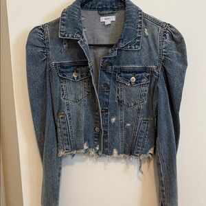 Forever 21 Blue Distressed Cropped Denim Jacket with Puff Shoulders
